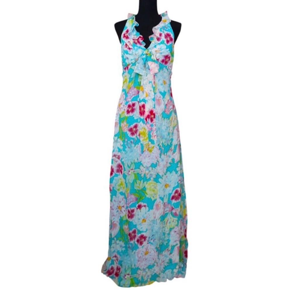 Kay Unger Turquoise Floral Halter Maxi Dress